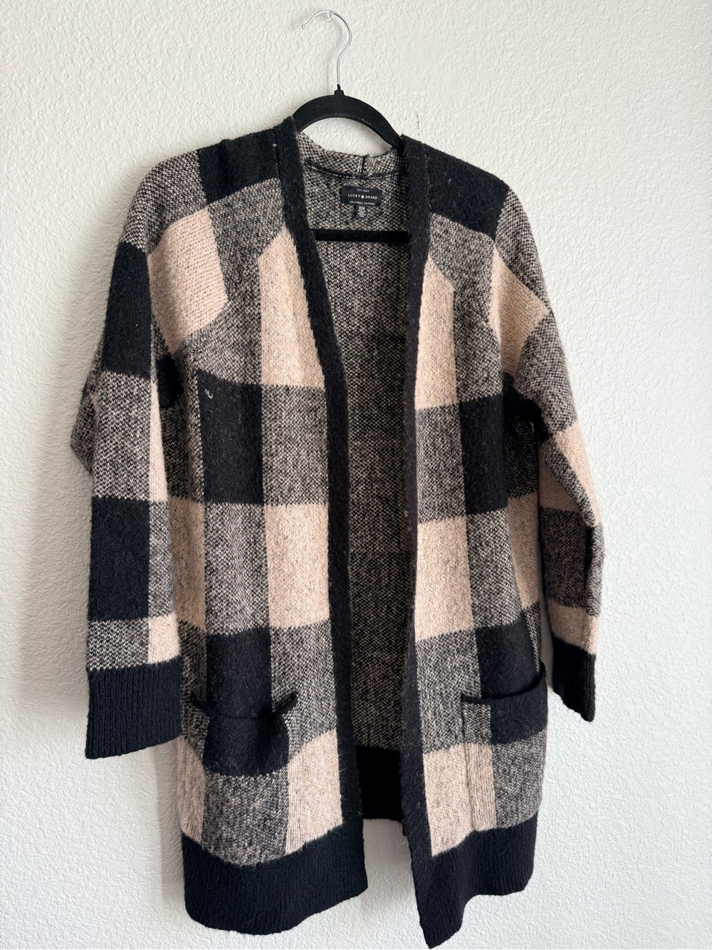Lucky brand size medium  Open Front Plaid Cardigan Sweater - Black & Beige wool - Picture 2 of 5